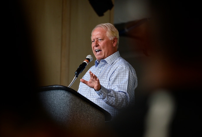 (Scott Sommerdorf | The Salt Lake Tribune)
RSL owner Dell Loy Hansen addresses the students in the new Academy's opening week., Thursday, August 23, 2017.