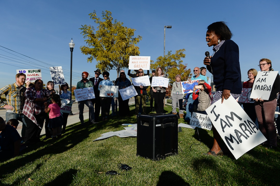 (Francisco Kjolseth  |  The Salt Lake Tribune)  Victoria Sethuna relays her story about almost being deported because of clerical error as she joins other community members rally in front of the Immigration and Customs Enforcement offices in West Valley City on Monday, Oct. 16, 2017, to support Maria Santiago Garcia, a single Utah mother of four U.S. born children who faces an impending deportation order.