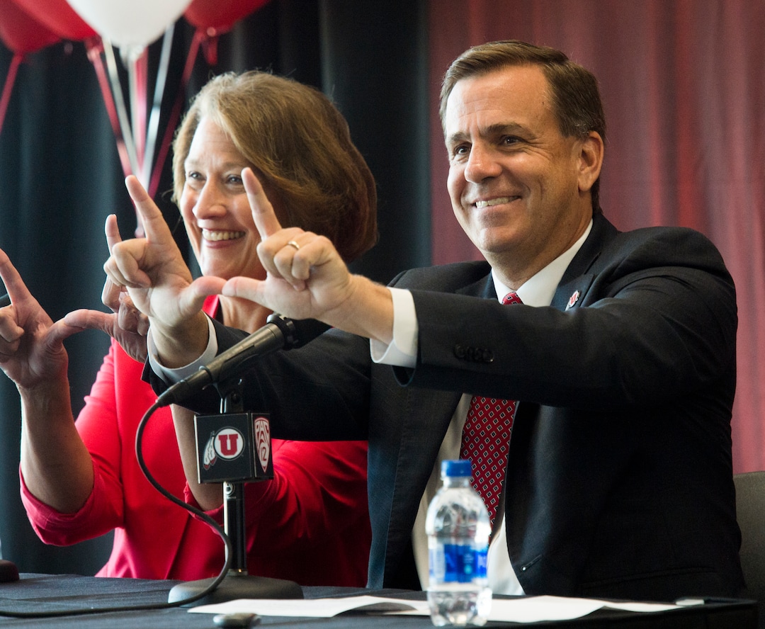 (Rick Egan  |  The Salt Lake Tribune)   University of Utah President Ruth V. Watkins introduces its new athletic director Mark Harlan during a news conference at the Rice-Eccles Stadium,  Monday, June 4, 2018.