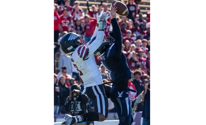 (Rick Egan | The Salt Lake Tribune) Layton Christian Academy wide receiver Malik Johnson goes up for a pass along with Duchesne Eagle, Draker Goodliffe (4), in 1A Football Championship action between the Duchesne Eagles and the Layton Christian Academy Eagles, at the Elizabeth Dee Shaw Stewart Stadium in Ogden, on Saturday, Nov. 13, 2021.