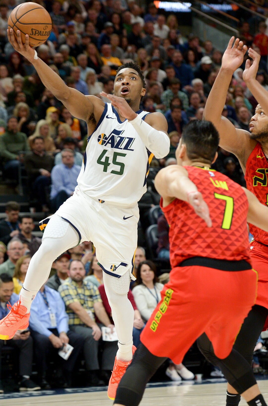 Leah Hogsten  |  The Salt Lake Tribune  Utah Jazz guard Donovan Mitchell (45) drives to the net as the Utah Jazz take on the Atlanta Hawks, Feb. 1, 2019 at Vivint Smart Home Arena. 