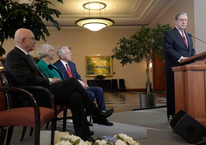 (Al Hartmann | The Salt Lake Tribune) Jeffrey R. Holland, right, makes a public statement of religious freedom and nondiscrimination in 2015. The leaders called for legislation that protects vital religious freedoms while at the same time supporting protections in housing and employment for LGBTQ people.