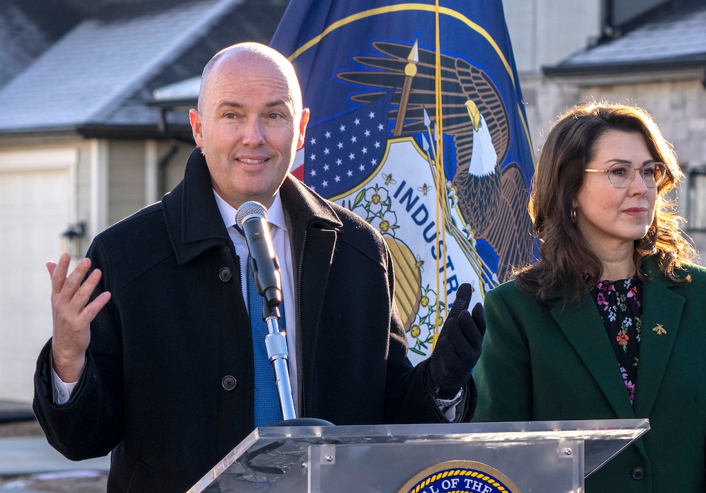 (Rick Egan | The Salt Lake Tribune) Gov. Spencer Cox announces the housing affordability portion of his budget in West Haven on Tuesday, Dec. 5, 2023.