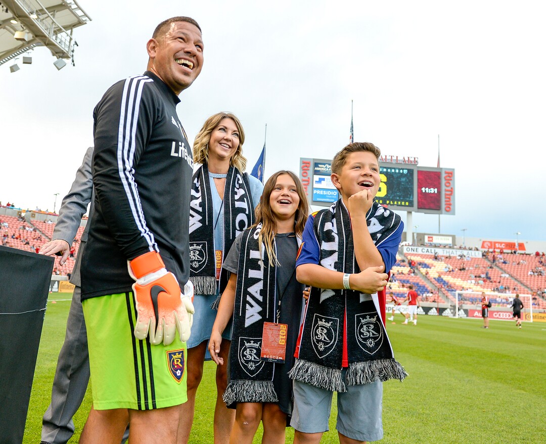 (Leah Hogsten  |  The Salt Lake Tribune) Nick Rimando, his wife Randi Peterson, daughter Benny and son Jet were celebrated on the home pitch Sat, July 13, 2019 at Rio Tinto Stadium for completing his 500th MLS regular-season game last week against the San Jose Earthquakes in San Jose. Rimando is the all-time MLS leader in wins, shutouts, games played and saves more than any other MLS goalkeeper. Tonight’s game against the Philadelphia Union will be Rimando’s 501st.