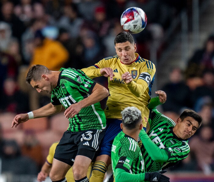 (Rick Egan | The Salt Lake Tribune) Real Salt Lake midfielder Damir Kreilach (8) connects with the ball, in MLS action between Real Salt Lake and Austin FC, in Sandy, on Saturday, March 11, 2023.