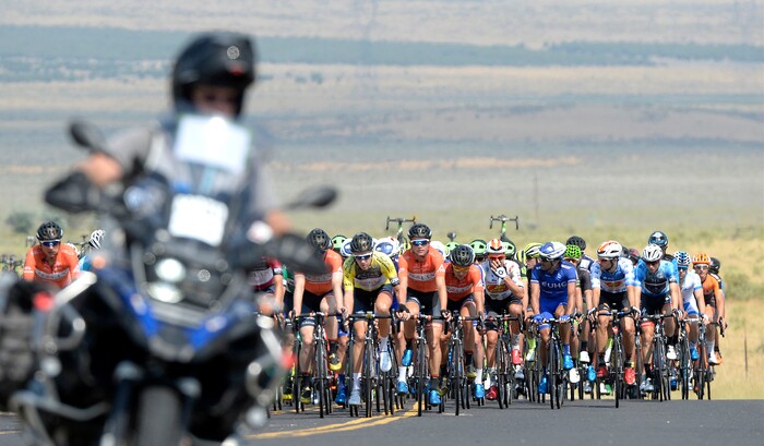 Al Hartmann | The Salt Lake Tribune
Riders in the 4th stage of the Tour of Utah leave Rush Valley just past the halfway point in the race. Stage 4 started in South Jordan went west into the hot, dry west desert and finished back in South Jordan 123 miles later.