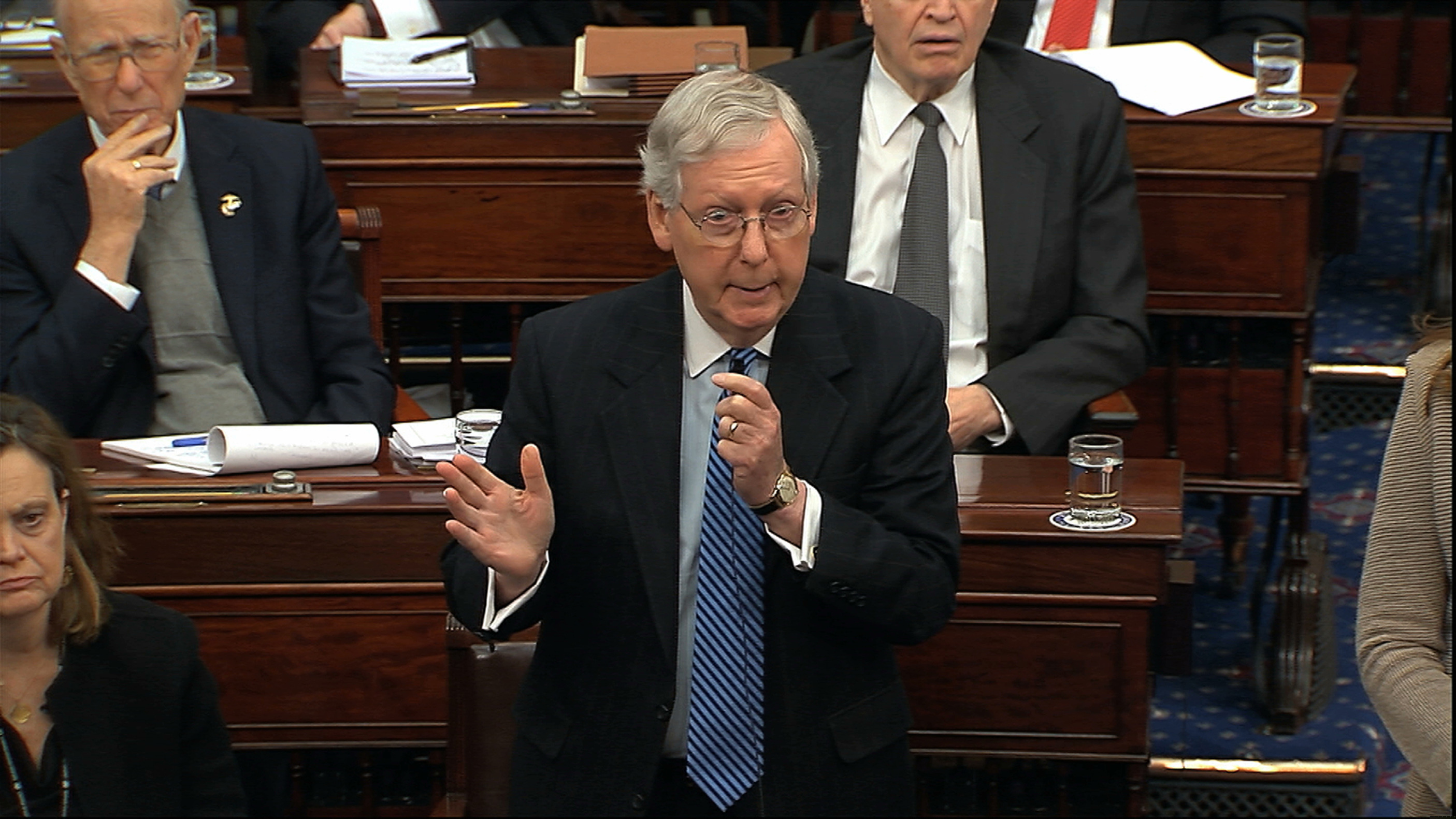(Senate Television via AP) In this image from video, Senate Majority Leader Mitch McConnell, R-Ky., speaks during the impeachment trial against President Donald Trump in the Senate at the U.S. Capitol in Washington, Wednesday, Jan. 22, 2020.