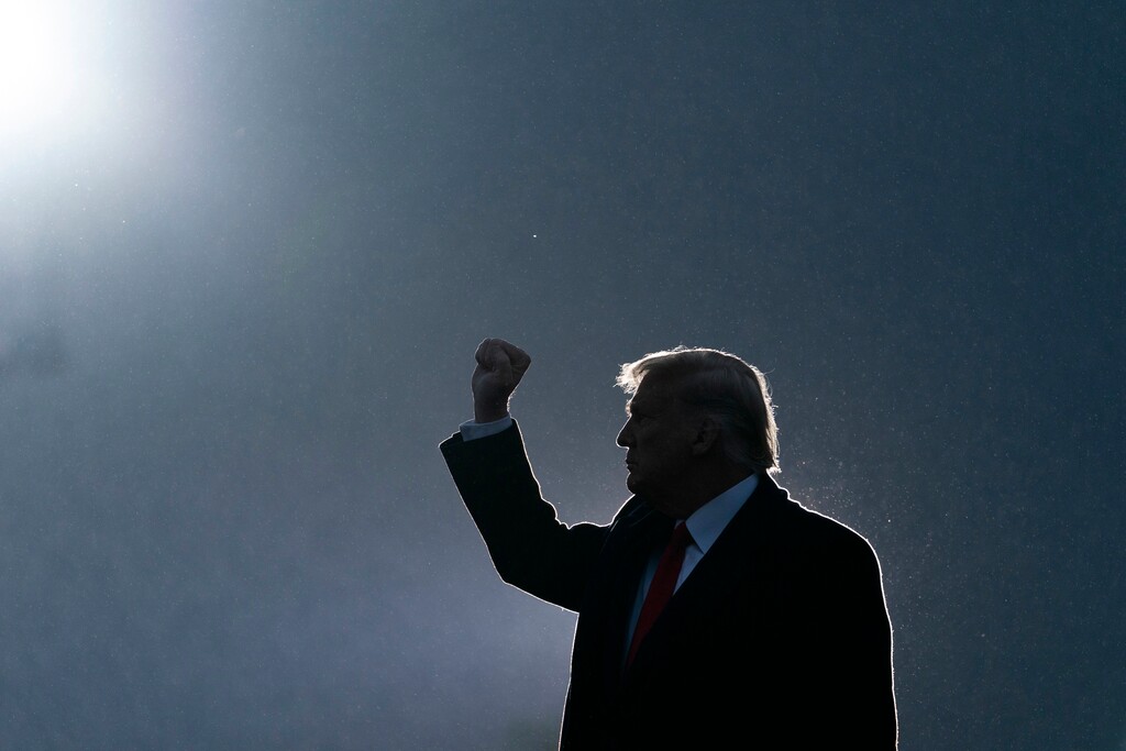 (Alex Brandon | AP photo)

President Donald Trump pumps his fist as he departs after speaking at a campaign rally at Altoona-Blair County Airport, Monday, Oct. 26, 2020, in Martinsburg, Pa.