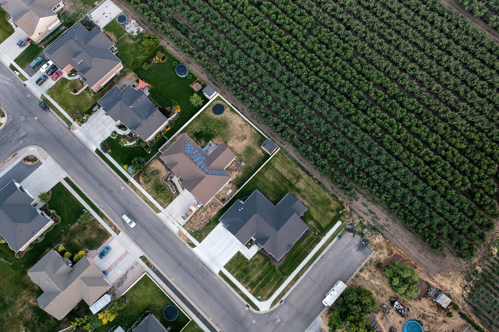 (Leah Hogsten | The Salt Lake Tribune) Subdivisions abut Perry fruit orchards near 300 South 1200 West on Thursday, July 28, 2022.