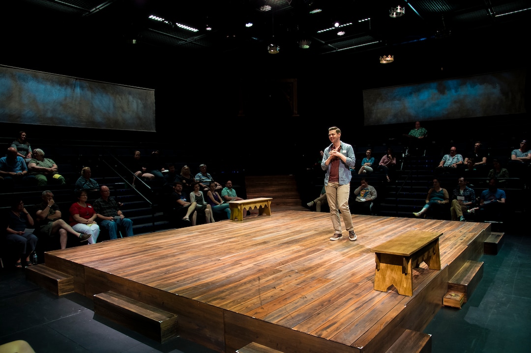 (Photo courtesy Karl Hugh/Utah Shakespeare Festival) Michael Doherty on stage at the theater-in-the-round at the Utah Shakespeare Festival's Eileen and Allen Anes Studio Theatre.