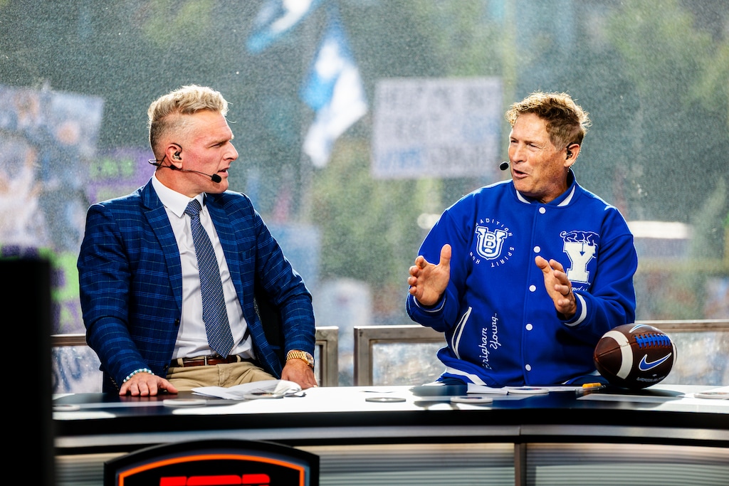 (Donovan Kelly | Special to The Tribune) Steve Young and Pat McAfee during ESPN's "College GameDay" at BYU, Oct. 17, 2026.