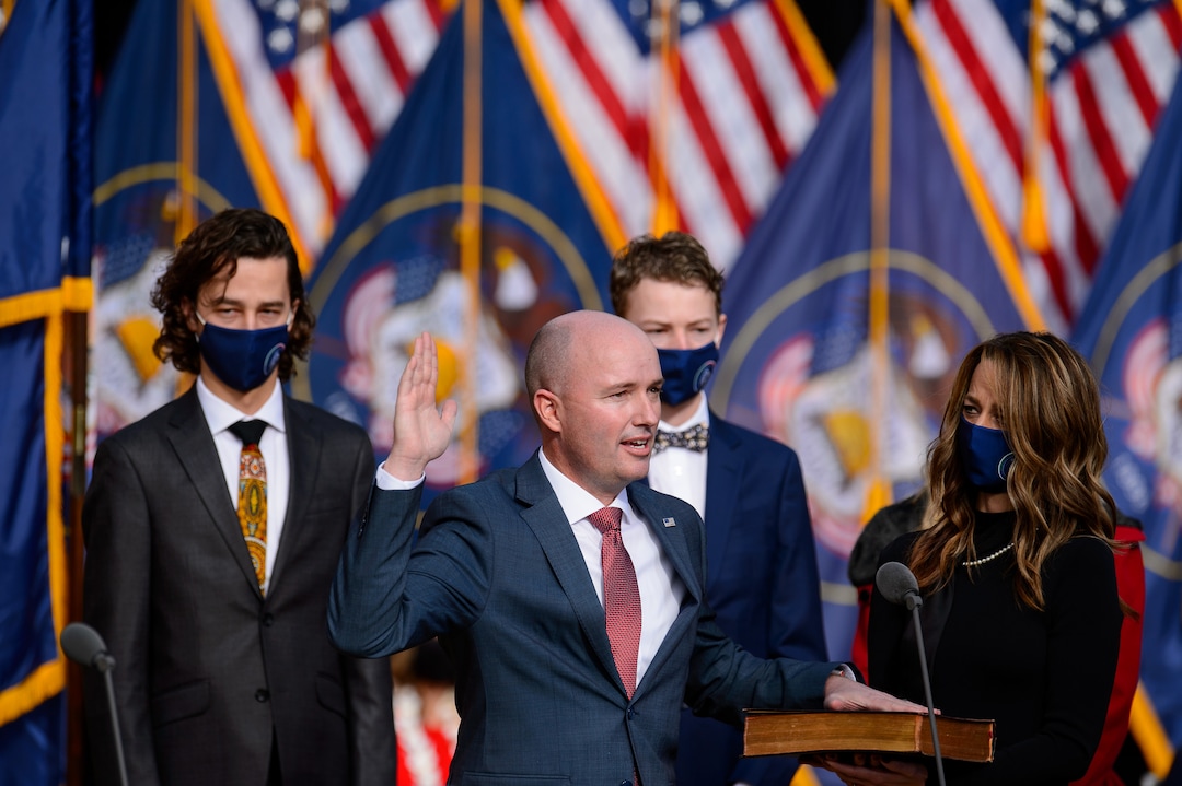 (Trent Nelson  |  The Salt Lake Tribune) Spencer Cox is sworn in as Utah's 18th Governor at Tuacahn Center for the Arts in Ivins on Monday, Jan. 4, 2021.