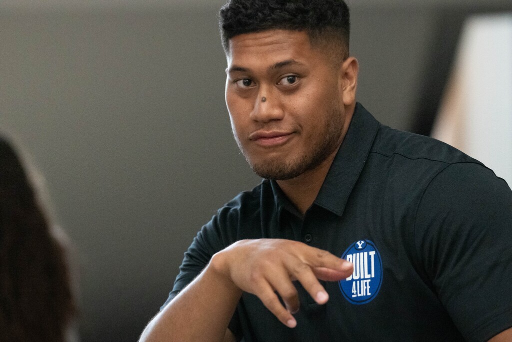 (Francisco Kjolseth | The Salt Lake Tribune) Defensive lineman Uriah Leiataua joins BYU football coaches, players and staff participating in BYU football media day in the BYU Broadcasting Building in Provo on Thursday, June 17, 2021.