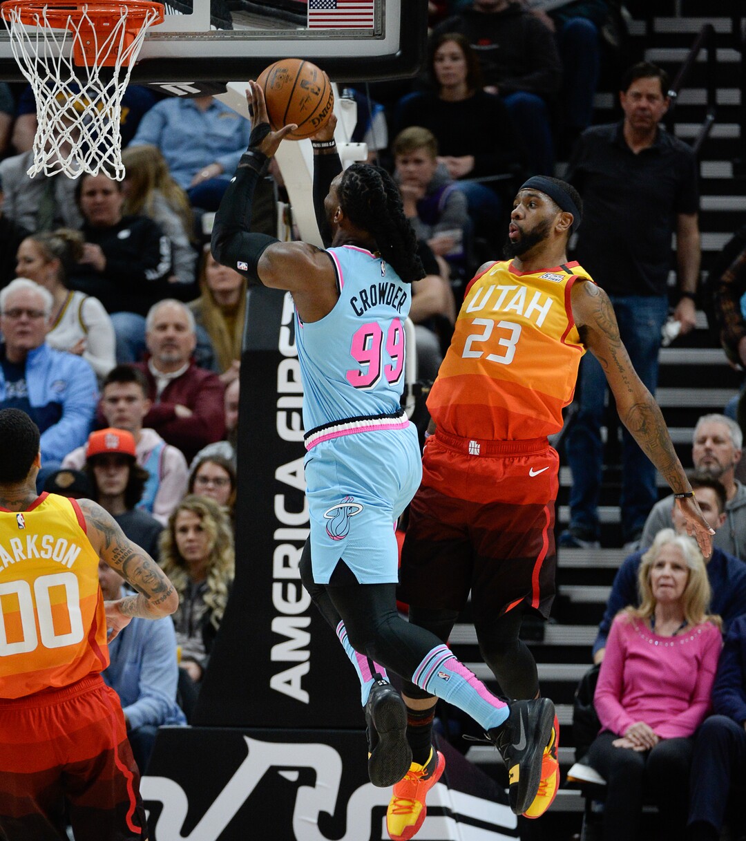 (Francisco Kjolseth  |  The Salt Lake Tribune)Miami Heat forward Jae Crowder (99) pushes past Utah Jazz forward Royce O'Neale (23) as the Utah Jazz host the Miami Heat in their NBA basketball game at Vivint Smart Home Arena in Salt Lake City on Wednesday, Feb. 12, 2020.