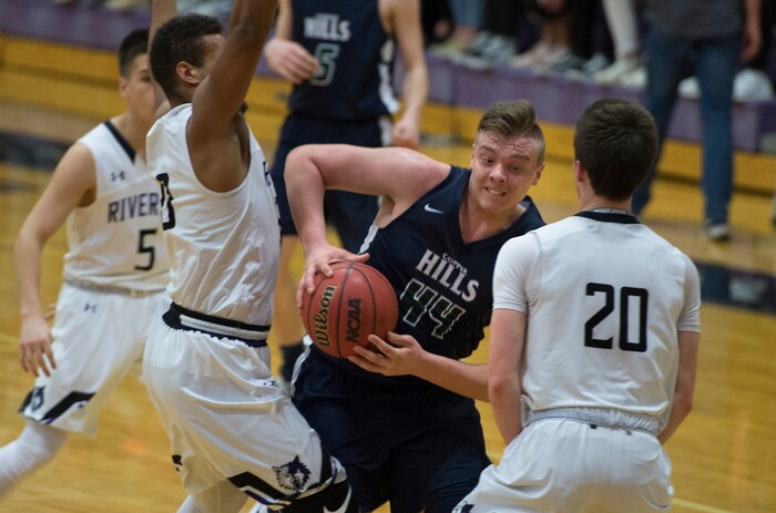 Scott Sommerdorf | The Salt Lake TribuneTrevon Allfrey powers his way to the hoop during second half play. Copper Hills defeated Riverton 54-50, Friday, February, 2, 2018. 