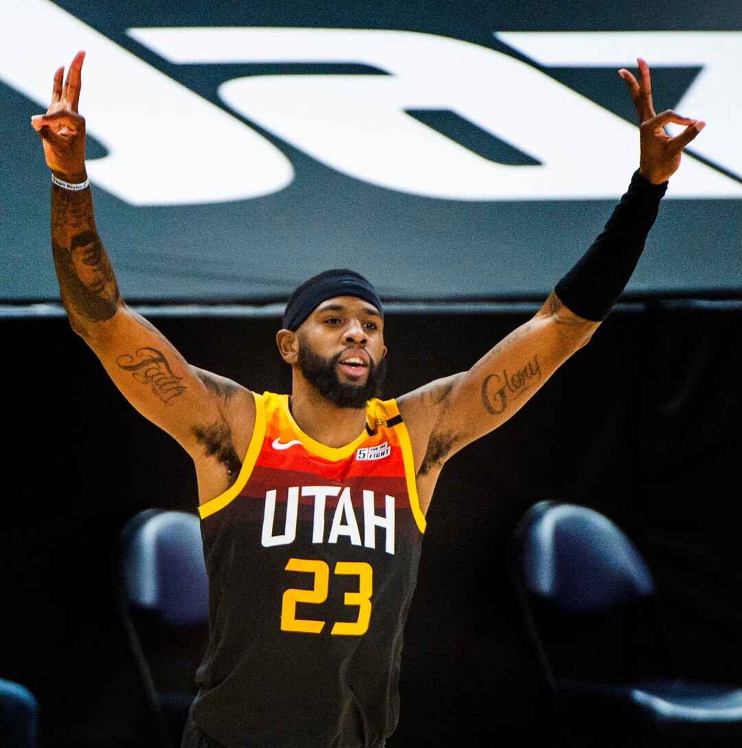 (Rick Egan | The Salt Lake Tribune) Utah forward Royce O'Neale (23) celebrates after sinking one of his 3-point shots the 4th quarter for the Jazz, in NBA action between the Utah Jazz and the Philadelphia 76ers at Vivint Arena, on Monday, Feb. 15, 2021.