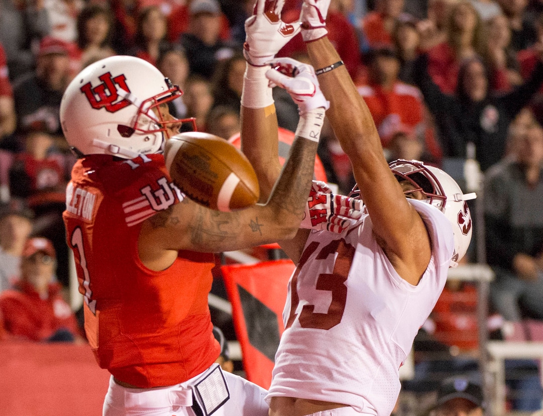 (Rick Egan  |  The Salt Lake Tribune)Stanford Cardinal cornerback Alijah Holder (13) blocks a pass intended for Utah Utes wide receiver Raelon Singleton (11), resulting in a defensive pass interference call, in PAC-12 football action, Utah Utes vs. Stanford Cardinals, at Rice-Eccles Stadium, Saturday, October 7, 2017.