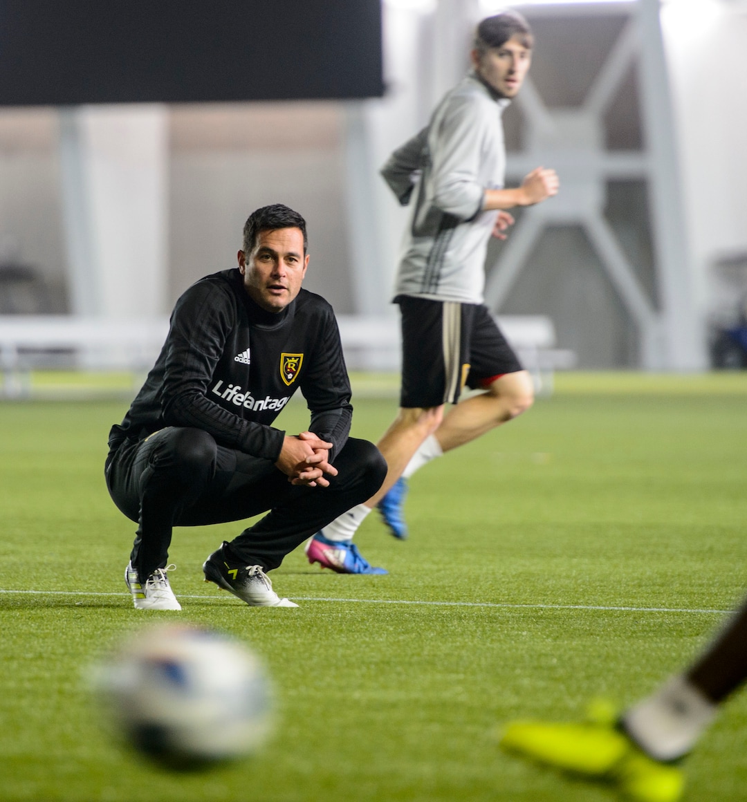 (Steve Griffin  |  The Salt Lake Tribune) RSL head coach Mike Petke runs practice with his players at the new Zions Bank Real Academy indoor facility in Herriman Tuesday January 23, 2018.