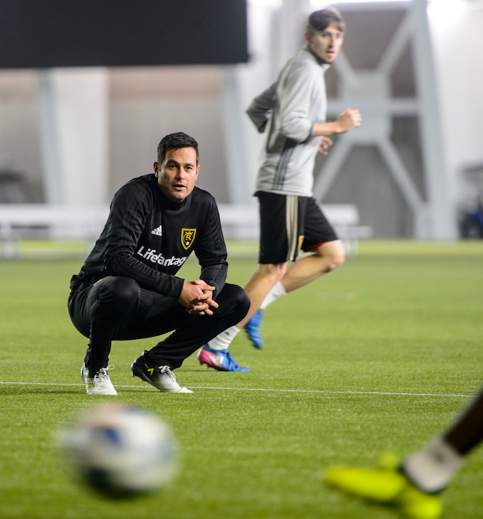 (Steve Griffin  |  The Salt Lake Tribune) RSL head coach Mike Petke runs practice with his players at the new Zions Bank Real Academy indoor facility in Herriman Tuesday January 23, 2018.