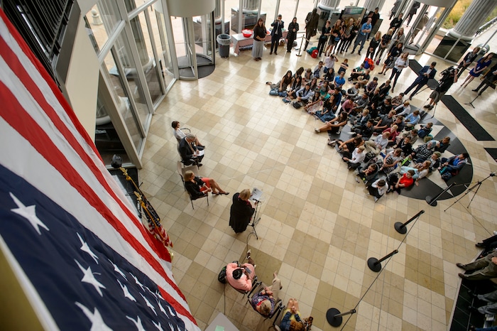 (Steve Griffin  |  The Salt Lake Tribune)  Midvale Middle School children listen to Justice Christine Durham as she reads the Preamble Of The Constitution as the Utah State Courts celebrate Constitution Day in the rotunda of the Matheson Courthouse in Salt Lake City Friday September 15, 2017.

