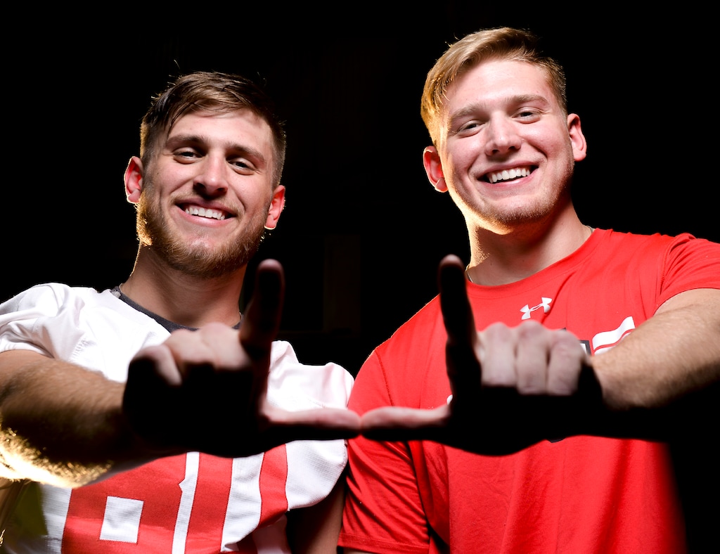 Leah Hogsten  |  The Salt Lake Tribune   l-r University of Utah Ute freshman tight end Brant Kuithe is having a nice season, while his twin brother, Blake, is sidelined by a knee injury.
