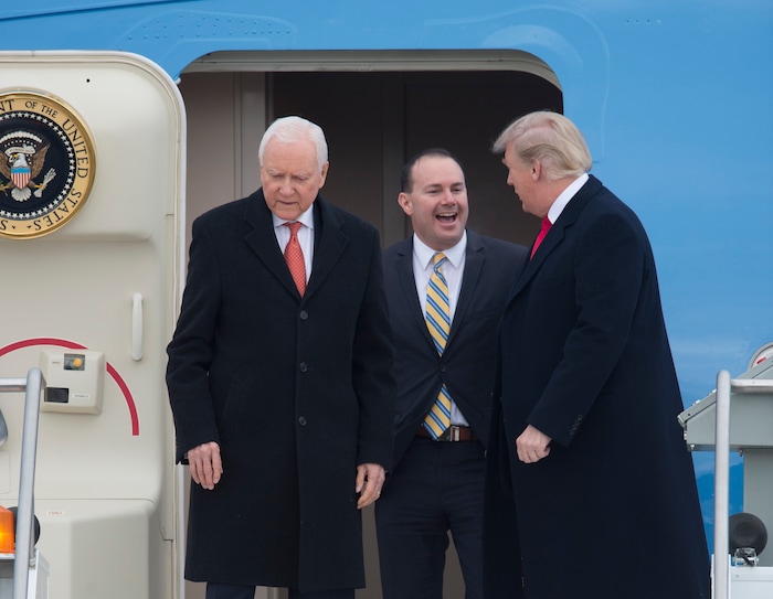 (Scott Sommerdorf   |  The Salt Lake Tribune)   President Trump deplanes from Air Force One with Senators Hatch and Lee at the Ronald R Wright National Air Guard Base, Monday, December 4, 2017.  