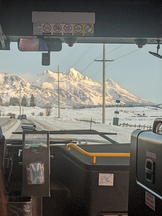 (Photo by Rebecca Johnson | Writers on the Range)

The view from the front of the Moose-Wilson Road bus leading from Jackson, Wyoming, to Teton Village, the base area of Jackson Hole Ski Resort.