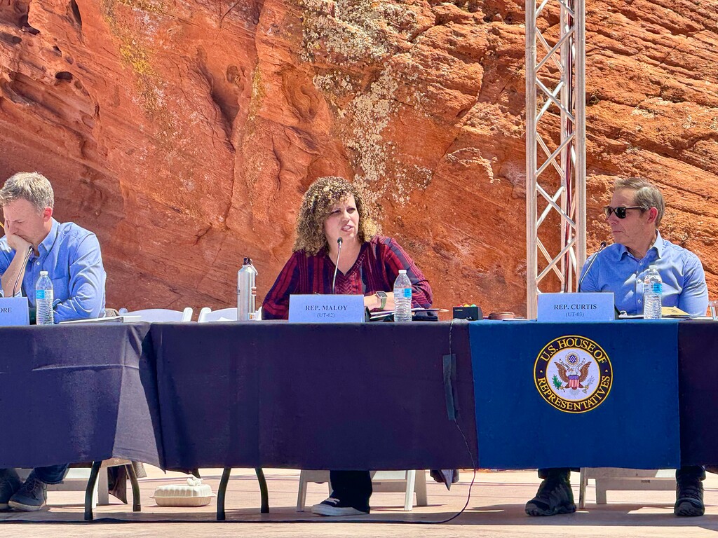 (Mark Eddington | The Salt Lake Tribune) From left, U.S. Reps. Blake Moore, Celeste Maloy, and John Curtis attend a special hearing of the House Natural Resources Subcommittee on Natural Resources held in Hurricane, Monday, April 22, 2024.