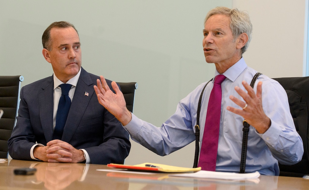 Steve Griffin | The Salt Lake Tribune
Former SLC Mayor Ralph Becker, right, and Jeff Wright talk about the formal launch of the Better Boundaries initiative, which will ask voters to create an independent commission to redraw political districts . The pair spoke from the Cicero Group offices in Salt Lake City Thursday July 20, 2017.
