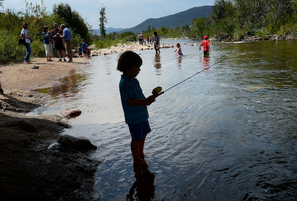 (Scott Sommerdorf   |  The Salt Lake Tribune)
James Stoner, 4, tries his skill fishing in the Weber River near Oakley, Sunday, August 23, 2015. Anglers scored a key legal victory Tuesday when the Utah Supreme Court ruled that a one-mile stretch of the Weber River will remain open even where it winds through private property.