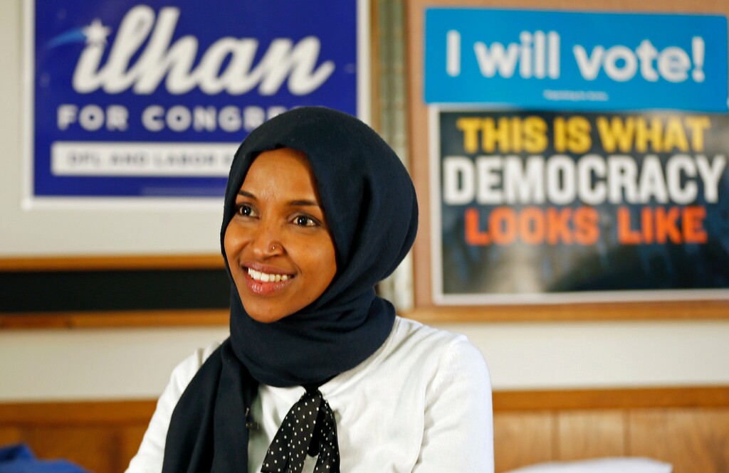 Democrat Ilhan Omar is interviewed by The Associated Press Wednesday, Nov. 7, 2018, in Minneapolis after winning Minnesota's 5th Congressional District race in Tuesday's election. She will be the first Somali American to serve in Congress and one of the first two Muslim women to serve in Congress. (AP Photo/Jim Mone)