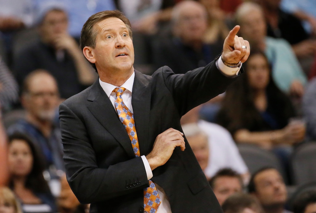 Phoenix Suns coach Jeff Hornacek calls a play during the second half of his team's NBA basketball game against the Utah Jazz, Friday, Feb. 6, 2015, in Phoenix. The Suns won 100-93. (AP Photo/Matt York)