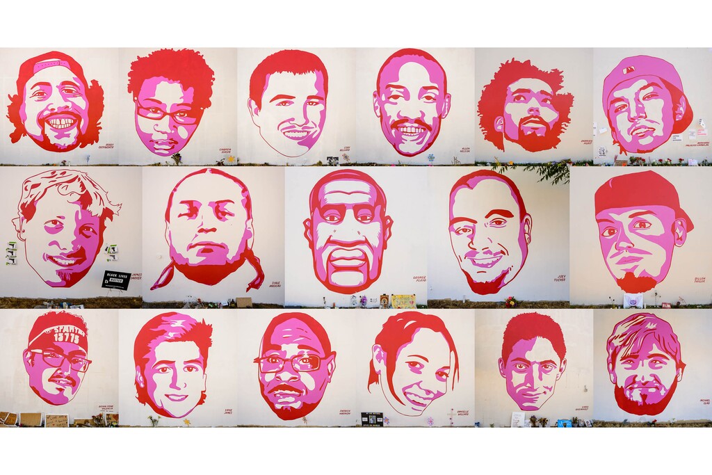 (Trent Nelson | The Salt Lake Tribune) Faces from a series of murals depicting people killed by police, near 800 South and 300 West in Salt Lake City on Wednesday, July 8, 2020. Top row from left, Bobby Duckworth, Cindreia Europe, Cody Belgard, Allen Nelson, Darrien Hunt, and Bernardo Palacios-Carbajal. Middle row from left, James Barker, Siale Angilau, George Floyd, Joey Tucker, and Dillon Taylor. Bottom row from left, Bryan Pena Valencia, Zane James Patrick Harmon, Danielle Willard, Chad Breinholt, and Michael Glad,