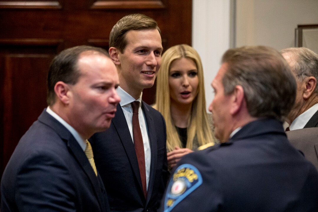 (AP Photo/Andrew Harnik) From left, Sen. Mike Lee, R-Utah, President Donald Trump's White House Senior Adviser Jared Kushner, and Ivanka Trump, the daughter of President Donald Trump, greet guests after President Donald Trump speaks about H. R. 5682, the "First Step Act" in the Roosevelt Room of the White House in Washington, Wednesday, Nov. 14, 2018, which would reform America's criminal justice system.