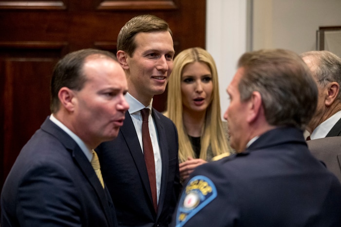 (AP Photo/Andrew Harnik) From left, Sen. Mike Lee, R-Utah, President Donald Trump's White House Senior Adviser Jared Kushner, and Ivanka Trump, the daughter of President Donald Trump, greet guests after President Donald Trump speaks about H. R. 5682, the "First Step Act" in the Roosevelt Room of the White House in Washington, Wednesday, Nov. 14, 2018, which would reform America's criminal justice system.