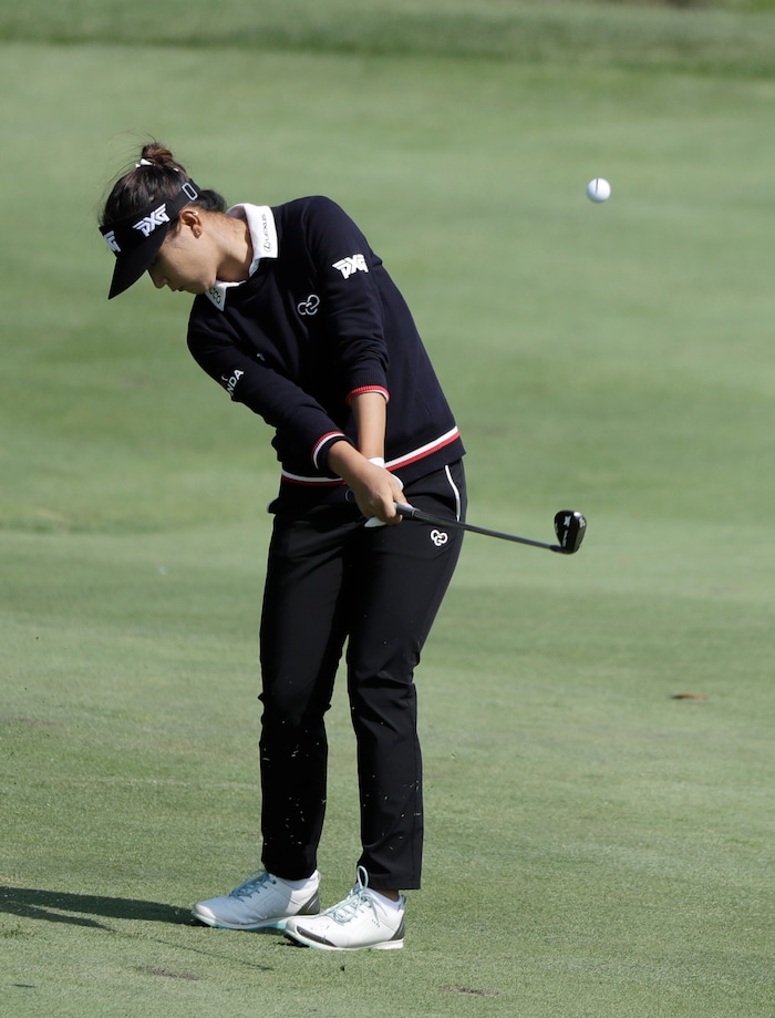 Lydia Ko, of New Zealand, hits to the fifth green during the final round of the Indy Women in Tech Championship golf tournament, Saturday, Sept. 9, 2017, in Indianapolis. (AP Photo/Darron Cummings)