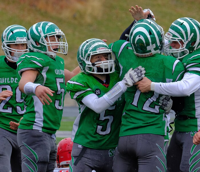 (Leah Hogsten  |  The Salt Lake Tribune)   South Summit celebrates the win. South Summit High School boys' football team defeated Grand County High School 47-9 during their class 2A state semifinal football game Saturday, November 4, 2017 at Weber State University's Stewart Stadium.