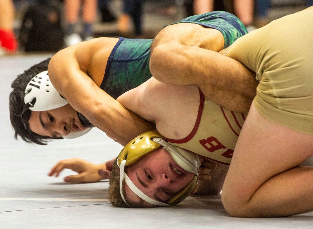 (Rick Egan | The Salt Lake Tribune)  Kaden Ercanbrack (Juab) wrestles Edgar Renteria (Snow Canyon) in the 113 division at the High School All Star wrestling event in Orem, on Tuesday, Jan. 12, 2021.