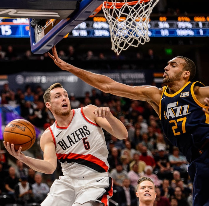 (Trent Nelson | The Salt Lake Tribune)  Portland Trail Blazers guard Pat Connaughton (5) defended by Utah Jazz center Rudy Gobert (27) as the Utah Jazz host the Portland Trail Blazers, NBA basketball in Salt Lake City, Wednesday November 1, 2017.