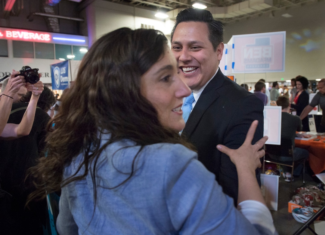 (Scott Sommerdorf | The Salt Lake Tribune)
Shireen Ghorbani congratulates James Singer after they both won their respective races at the Democratic convention, Saturday, April 28, 2018 at the Salt Palace Convention Center in Salt Lake City, Utah.