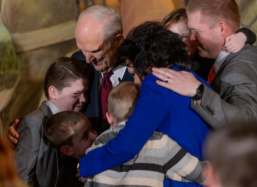 (Trent Nelson | The Salt Lake Tribune)  Russell M. Nelson embraces family members following a news conference in the lobby of the Church Office Building in Salt Lake City, Tuesday January 16, 2018. Nelson was named the 17th president of the nearly 16 million-member Church of Jesus Christ of Latter-day Saints.