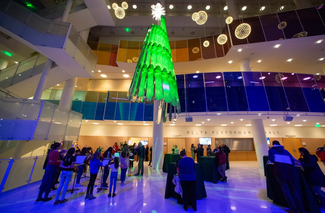 (Rick Egan  |  The Salt Lake Tribune) Eccles Theater unveils its annual Holiday Tree art installation, Monday, Dec. 2, 2019. The title is "Winter Wind," created by Rob Beishline & Shelley Beishline of Tooza Design. The work features 75 snowboards.