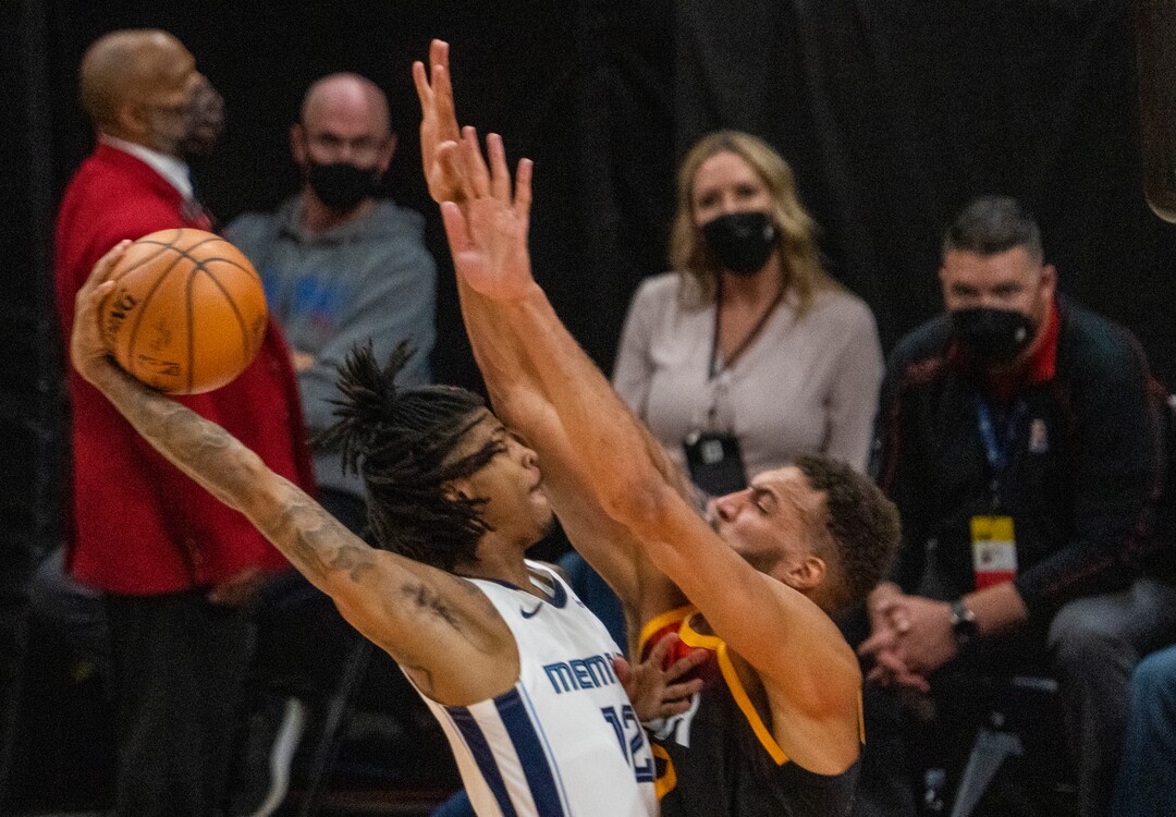 (Rick Egan | The Salt Lake Tribune) Utah Jazz center Rudy Gobert (27) blocks a shot by Memphis Grizzlies guard Ja Morant (12), in NBA Playoff game 2, between the Utah Jazz and the Memphis Grizzlies at Vivint Arena, on Wednesday, May 26, 2021.