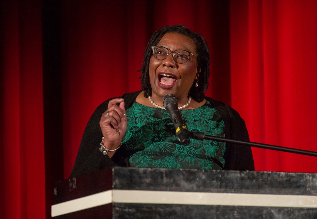 (Rick Egan  |  The Salt Lake Tribune)     Darlene McDonald speaks to the Salt Lake County Democratic Party's Central Committee members, as one of 10 candidates vying the at-large Country Council seats left vacant by now-Salt Lake County Mayor Jenny Wilson, at Eisenhower Jr High, Saturday, Feb. 23, 2019.