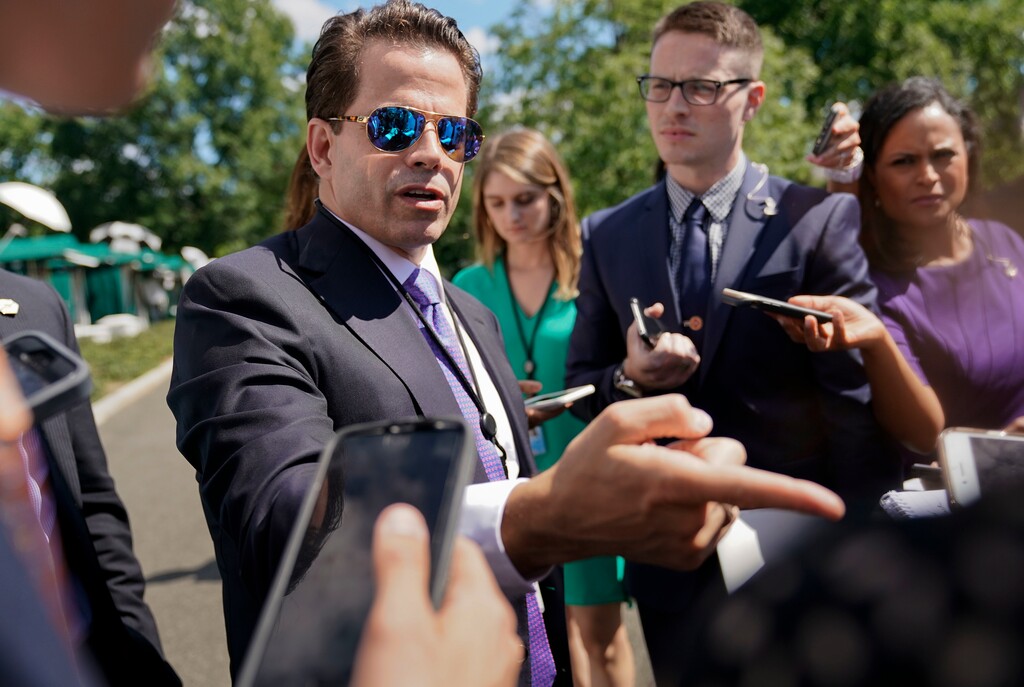 In this Tuesday, July 25, 2017, photo, White House communications director Anthony Scaramucci speaks to members of the media at the White House in Washington. Scaramucci offered newsroom leaders a test on Thursday. They needed to decide whether to fully use the obscenities relied on by Scaramucci to describe fellow White House aides or talk around them. (AP Photo/Pablo Martinez Monsivais)