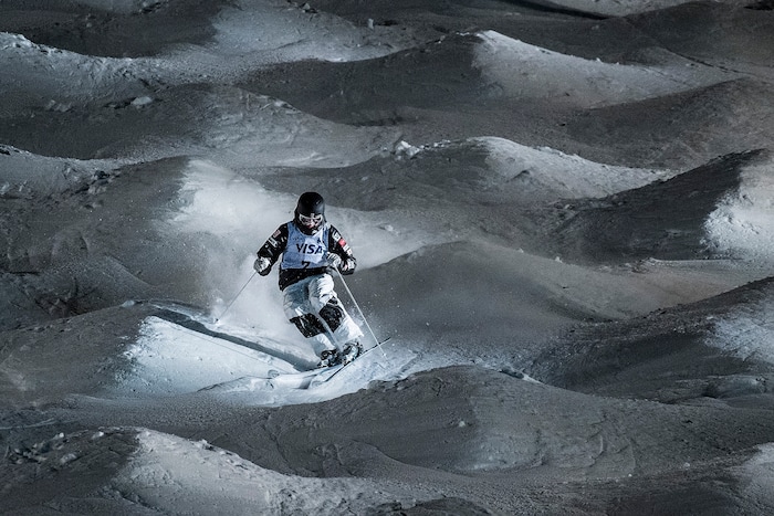 (Chris Detrick  |  The Salt Lake Tribune)  USA's Morgan Schild (7) competes in the Ladies' Mogul Finals during the FIS Visa Freestyle International Ski World Cup at Deer Valley Resort Thursday, January 11, 2018.  Schild finished in third place with a score of 78.76.
