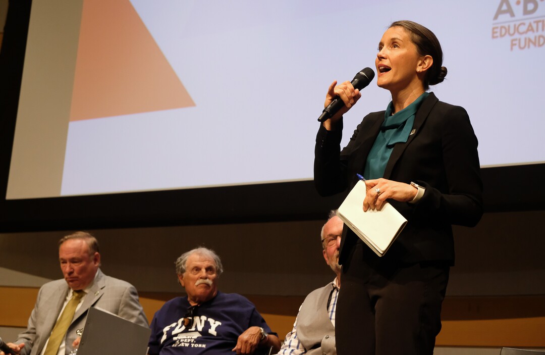 (Francisco Kjolseth  |  The Salt Lake Tribune)  Erin Mendenhall addresses the crowd during a debate for Salt Lake City mayor at the Salt Lake City Library on Wed. June 26, 2019.