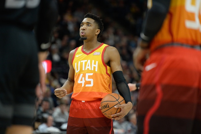 (Francisco Kjolseth  |  The Salt Lake Tribune)  Utah Jazz guard Donovan Mitchell (45) imagines his free throw against the Pistons in the first half of their NBA game at Vivint Smart Home Arena Monday, Jan. 14, 2019, in Salt Lake City.