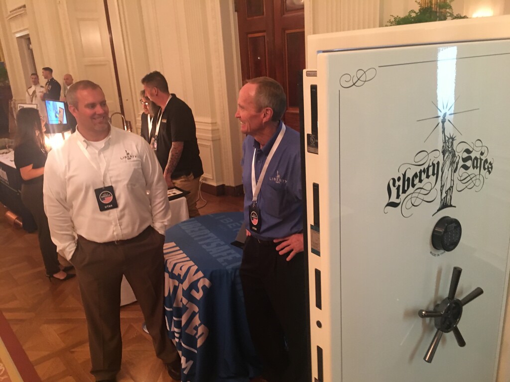 (Thomas Burr | The Salt Lake Tribune) Justin Buck, left, the vice president of sales and
marketing of Utah-based Liberty Safe, and the company's president and
CEO, Steve Allred, shows off their Presidential 50 safe during an
event at the White House on Monday as part of the Trump
administration's push for American-made products.