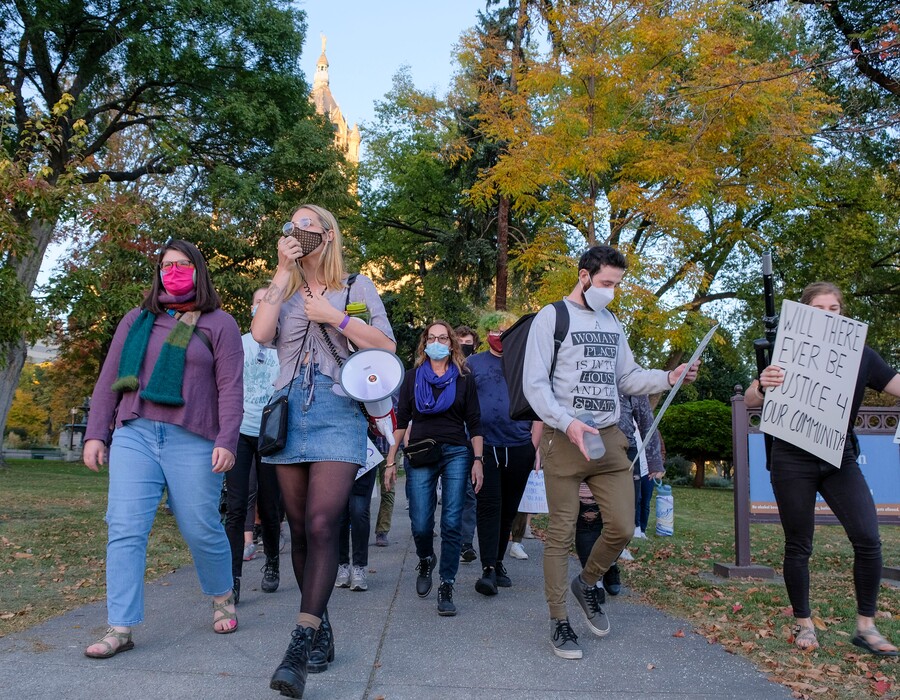 (Leah Hogsten | Tribune file photo) UnsafeU members Devon Cantwell, left, and Rebecca Hardenbrook, next, lead a march on Oct. 20, 2020, in Salt Lake City against the police at the University of Utah in this file photo. Cantwell and Hardenbrook are now part of a legislative effort pushing for a commission of students to review and recommend policy changes for campus safety in the state.